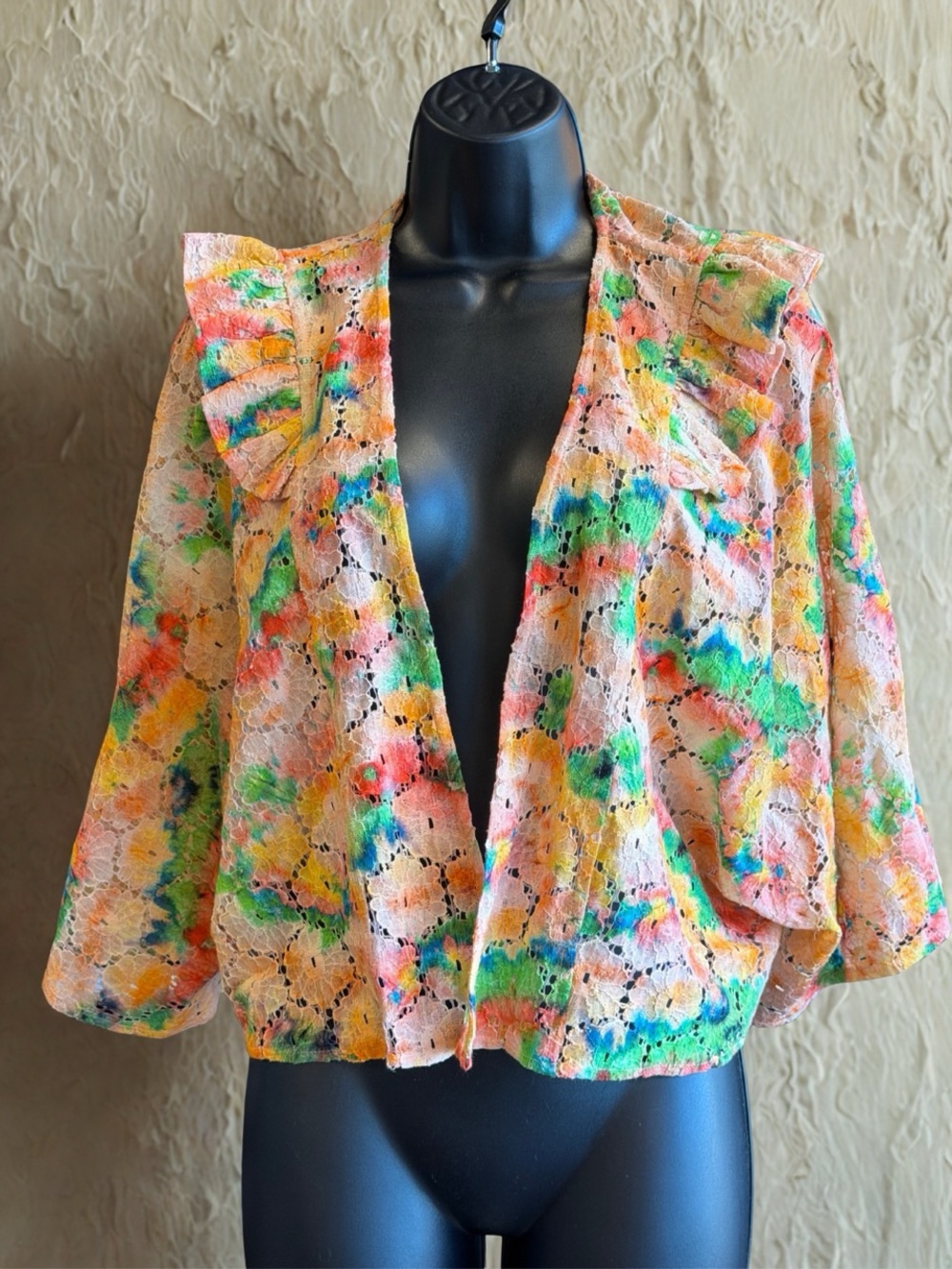 Anthropologie Multicolor Watercolor Lace Open-Front Blouse